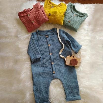 Babykleidung für Neugeborene – Herbst – Langarm-Strampler aus Bio-Baumwoll-Musselin – Unisex-Strampler mit Knöpfen