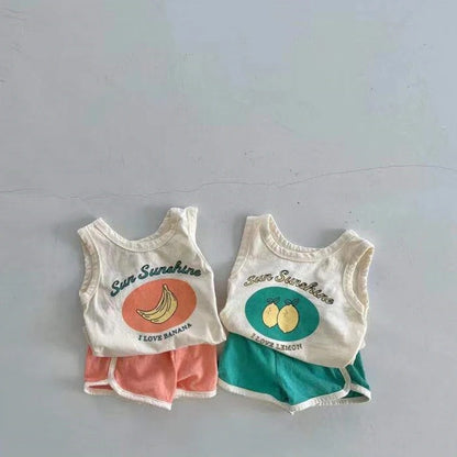 Sommer-Baby-Set mit Fruchtmuster  für Mädchen  Latzhose für Jungen, T-Shirt und Shorts im Freizeitstil