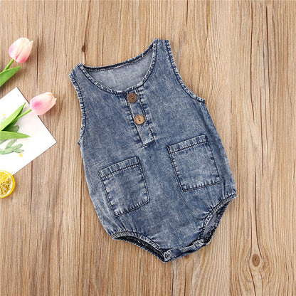 Sommerkleidung für Babys: Jeans-Strampler für Kleinkinder, Neugeborene, Jungen und Mädchen – ärmellose Strampler mit Knöpfen und Taschen, Jumpsuits, Freizeitoutfits