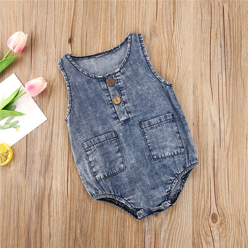 Sommerkleidung für Babys: Jeans-Strampler für Kleinkinder, Neugeborene, Jungen und Mädchen – ärmellose Strampler mit Knöpfen und Taschen, Jumpsuits, Freizeitoutfits